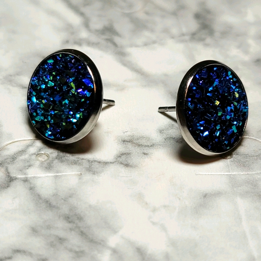 Blue Druzy Stud Earrings
